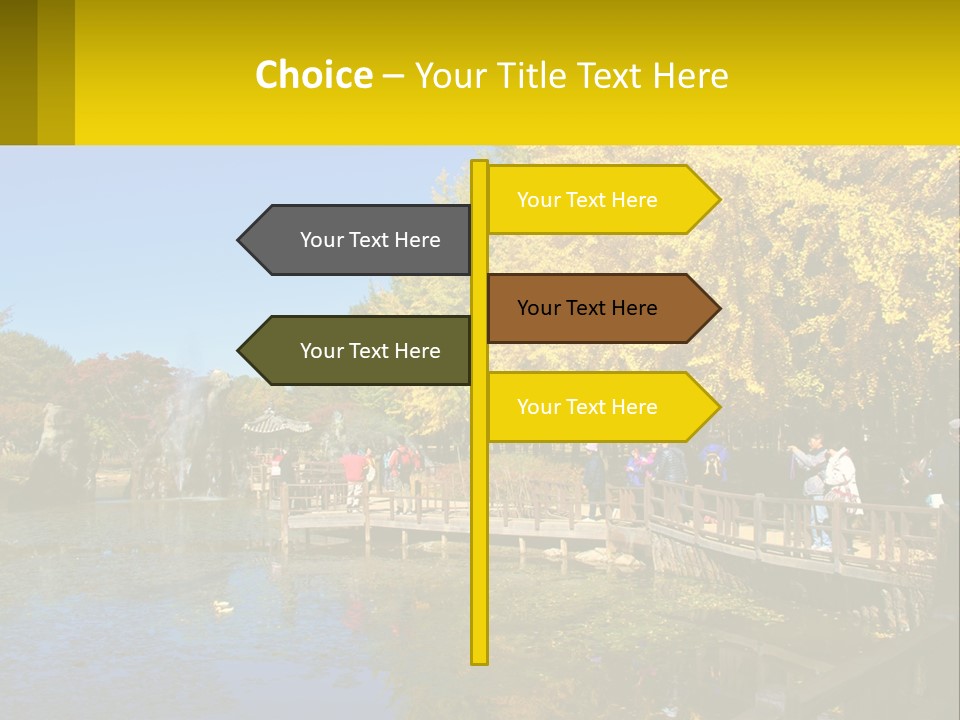 A Group Of People Walking Across A Bridge Over A Pond PowerPoint Template