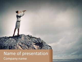 A Woman Standing On Top Of A Rock With A Telescope PowerPoint Template