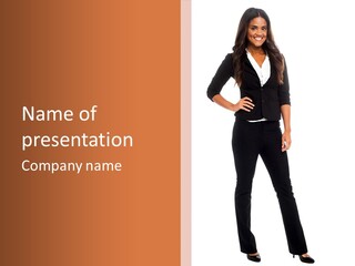 A Woman Standing In Front Of A Brown And White Background PowerPoint Template