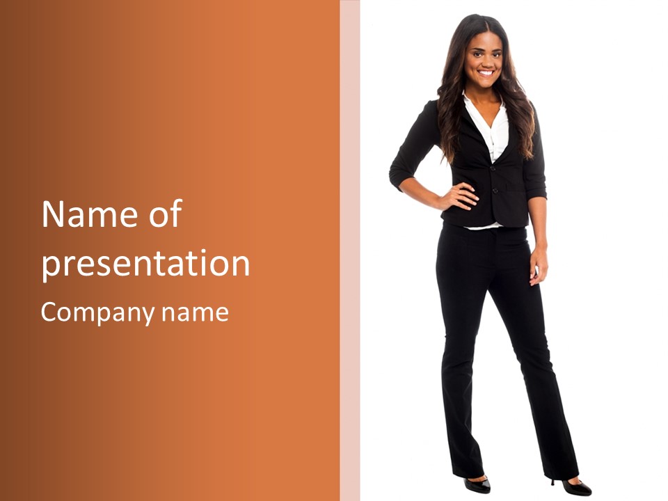 A Woman Standing In Front Of A Brown And White Background PowerPoint Template