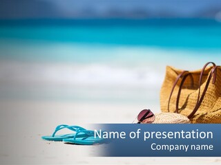 A Hat, Sunglasses And A Straw Hat On A Beach PowerPoint Template