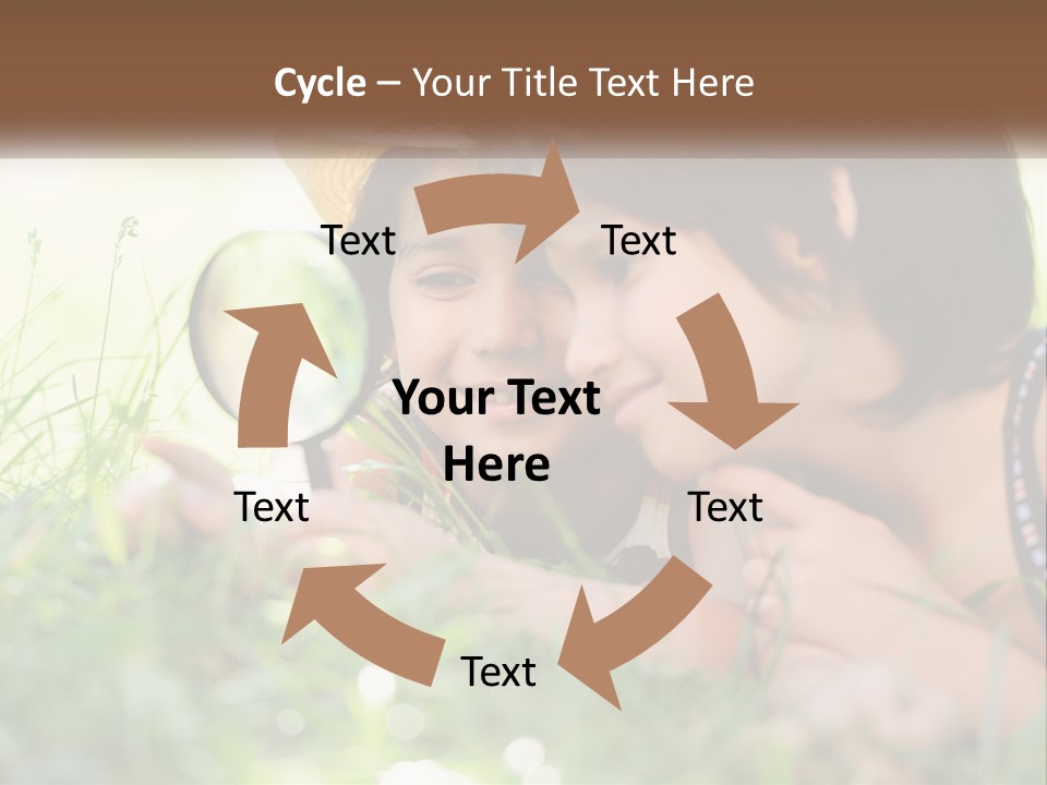 Two Children Looking Through A Magnifying Glass PowerPoint Template