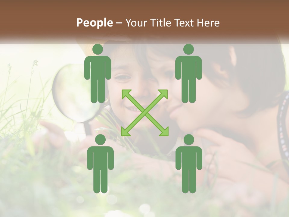 Two Children Looking Through A Magnifying Glass PowerPoint Template