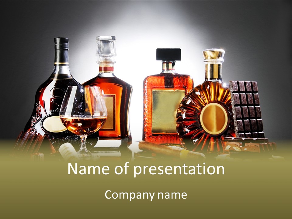 A Group Of Liquor Bottles And A Glass On A Table PowerPoint Template
