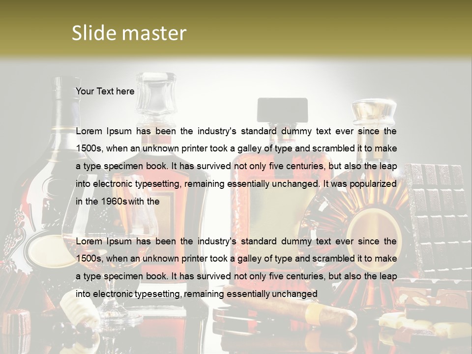 A Group Of Liquor Bottles And A Glass On A Table PowerPoint Template