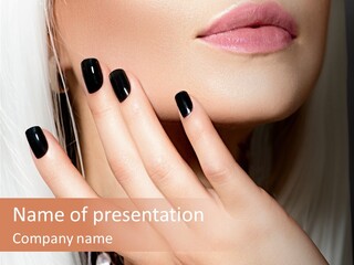 A Woman With Black Nail Polish Holding Her Hand Up To Her Face PowerPoint Template