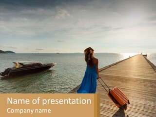 A Woman Is Standing On A Dock With A Suitcase PowerPoint Template