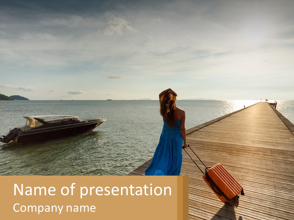 A Woman Is Standing On A Dock With A Suitcase PowerPoint Template