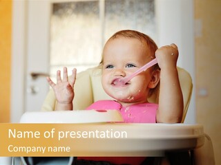 A Baby Sitting In A High Chair With A Spoon In It's Mouth PowerPoint Template