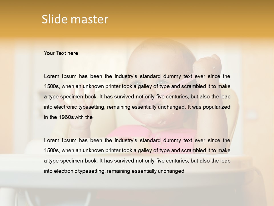 A Baby Sitting In A High Chair With A Spoon In It's Mouth PowerPoint Template