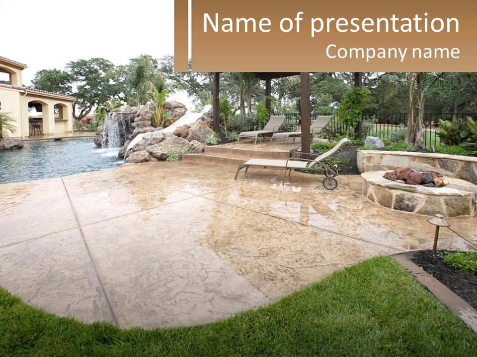 A Backyard With A Pool And A Waterfall PowerPoint Template