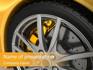 A Yellow Car Wheel With A Yellow Brake Cover PowerPoint Template