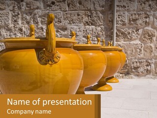 A Group Of Yellow Vases Sitting On Top Of A Sidewalk PowerPoint Template