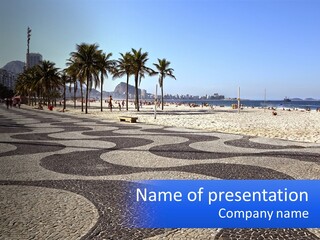 A Sandy Beach With Palm Trees And A Blue Sign PowerPoint Template