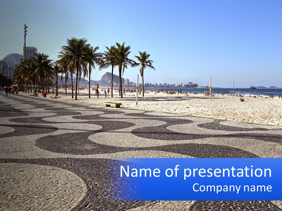 A Sandy Beach With Palm Trees And A Blue Sign PowerPoint Template