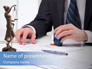 A Man In A Suit And Tie Holding A Stamper In Front Of A Statue PowerPoint Template