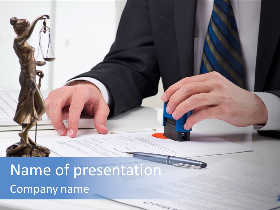 A Man In A Suit And Tie Holding A Stamper In Front Of A Statue PowerPoint Template
