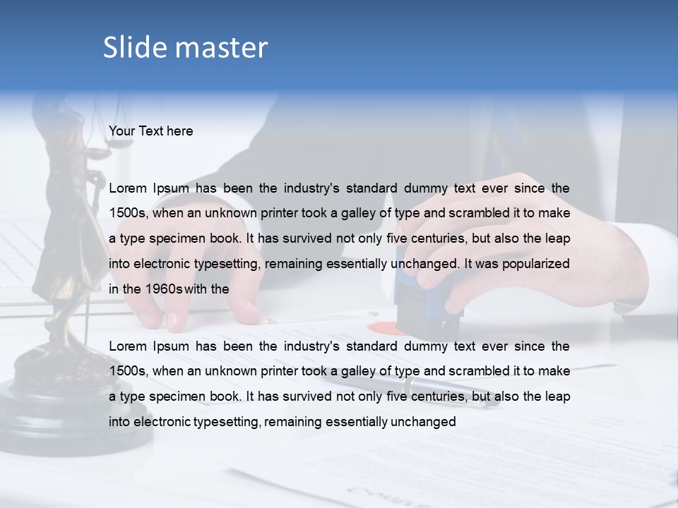 A Man In A Suit And Tie Holding A Stamper In Front Of A Statue PowerPoint Template