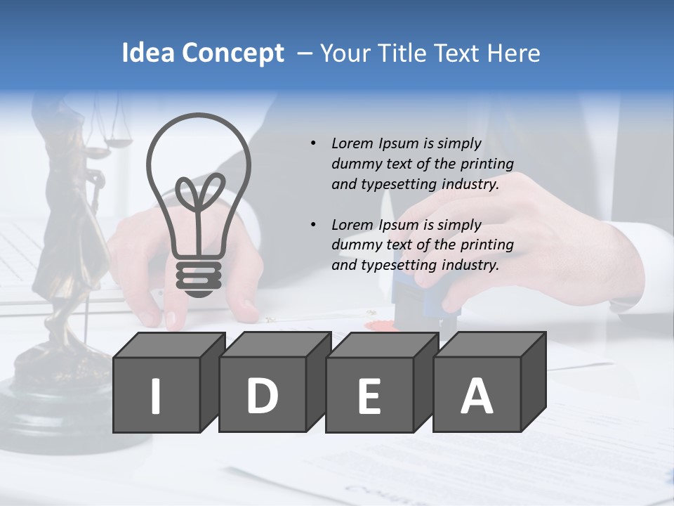 A Man In A Suit And Tie Holding A Stamper In Front Of A Statue PowerPoint Template