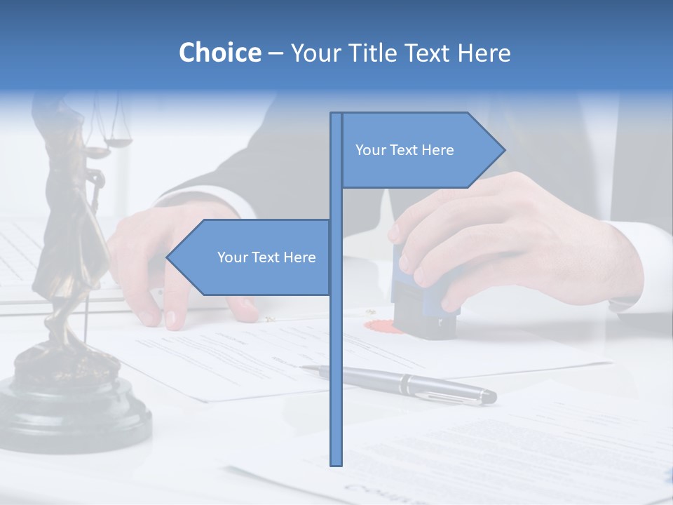 A Man In A Suit And Tie Holding A Stamper In Front Of A Statue PowerPoint Template