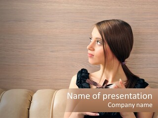 A Woman Sitting On A Couch With Her Hand On Her Chest PowerPoint Template