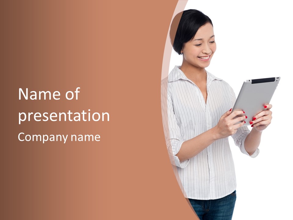 A Woman Holding A Tablet Computer In Her Hands PowerPoint Template