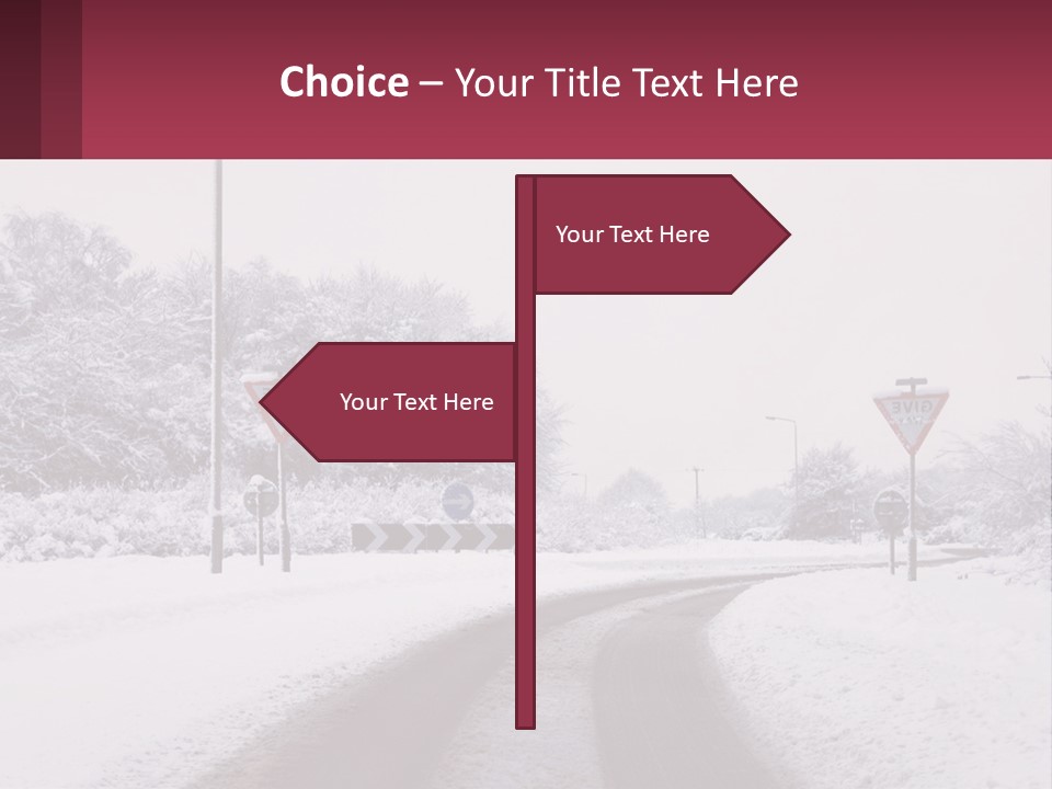 A Snowy Road With Traffic Signs On It PowerPoint Template