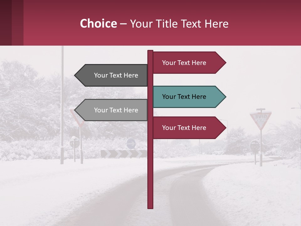 A Snowy Road With Traffic Signs On It PowerPoint Template