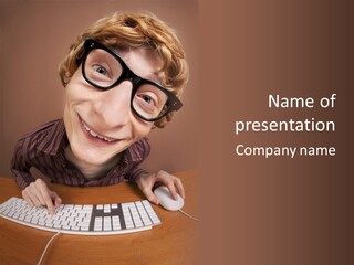 A Young Man Wearing Glasses Is Typing On A Keyboard PowerPoint Template