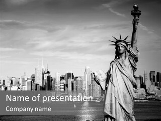 A Statue Of Liberty In Front Of A City Skyline PowerPoint Template