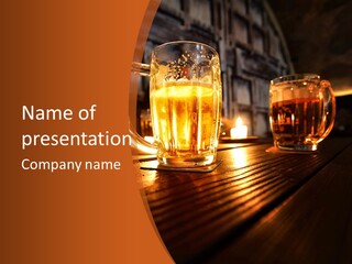 Two Glasses Of Beer On A Wooden Table PowerPoint Template