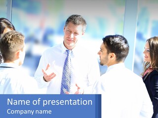 A Group Of People Standing Around Each Other Talking PowerPoint Template