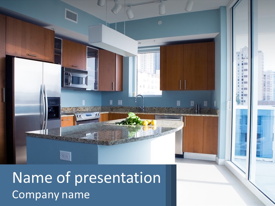 A Kitchen With A Center Island With A Granite Counter Top PowerPoint Template