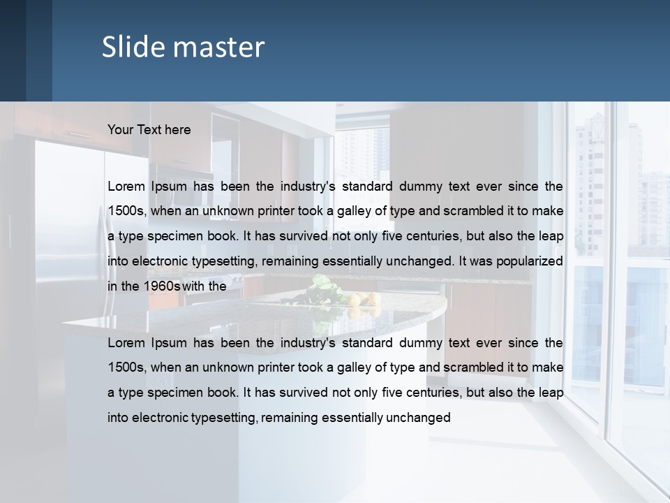 A Kitchen With A Center Island With A Granite Counter Top PowerPoint Template