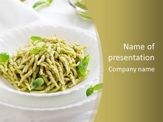 A Plate Of Pasta With Basil Leaves On It PowerPoint Template