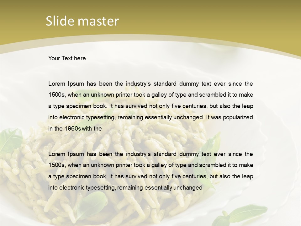 A Plate Of Pasta With Basil Leaves On It PowerPoint Template