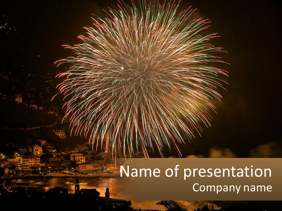 A Fireworks Display With A City In The Background PowerPoint Template