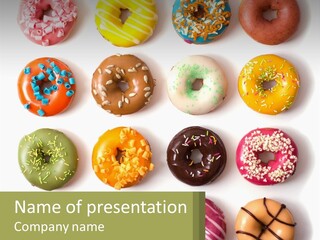 A Bunch Of Different Types Of Donuts On A White Surface PowerPoint Template