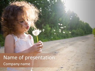 A Little Girl Blowing A Dandelion On A Dirt Road PowerPoint Template