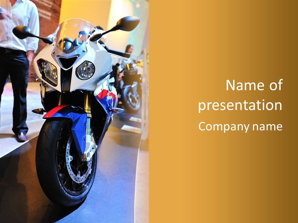 A Motorcycle Is On Display In A Showroom PowerPoint Template